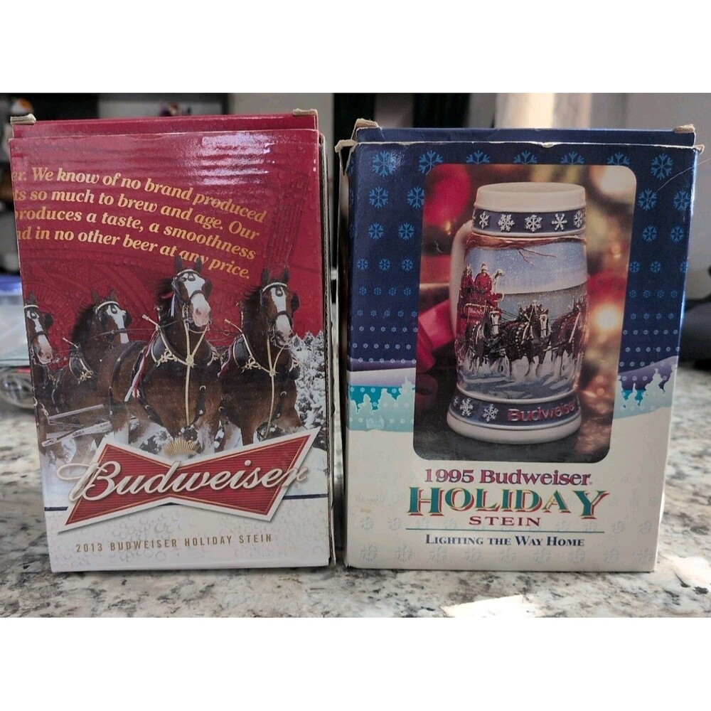 1995 & 2013 Anheuser Busch Budweiser Holiday Christmas Beer Steins Clydesdales